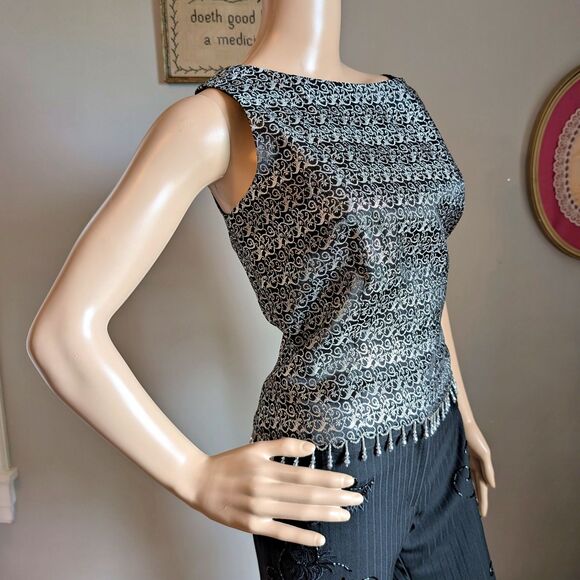 Vintage 90s Cachet Beaded Top Fringe Evening Cocktail Whimsigoth Silver Size 12 - Picture 2 of 12